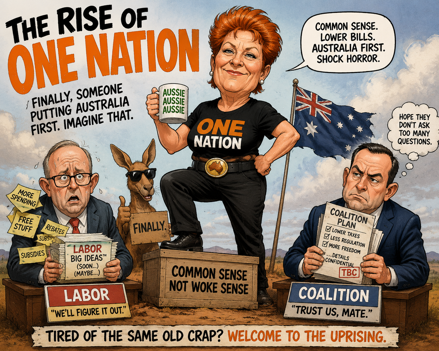 Satirical Australian political cartoon showing Pauline Hanson confidently between stressed Labor and Coalition politicians in the outback.